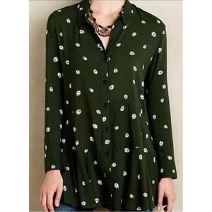 11:11 TYLHO Women's Green Polka Dot Button Collared Tunic Blouse M Rayon
